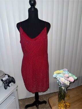 Red Sparkle Cowl Neck Slip Dress
